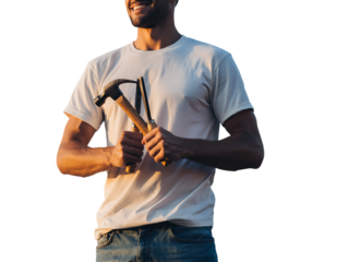 Smiling craftsman holding a claw hammer and a sharp wood chisel tightly in his strong hands, wearing a casual, isolated on transparent background