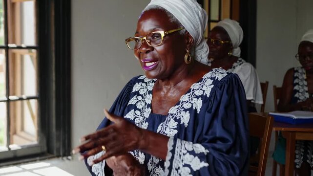 A close-up video of an elderly woman in traditional attire, framed from a front angle.