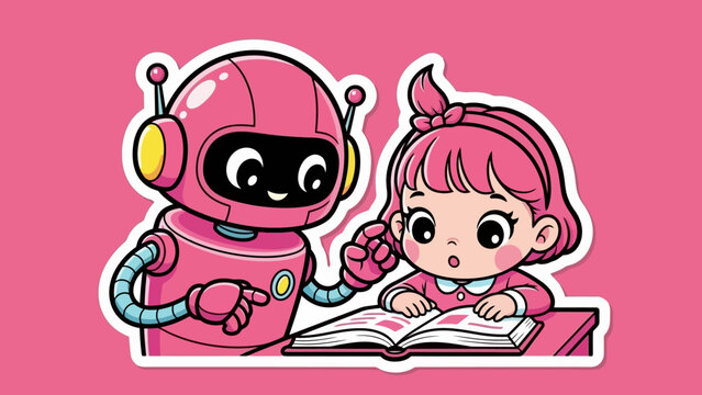 cute 3d stickers A cute pink robot helping a young girl with her studies, promoting education and technology in a fun and friendly way