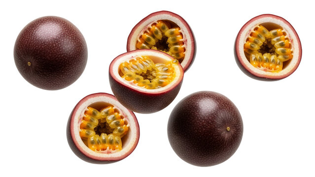 Vibrant passion fruits, whole and halved, revealing golden pulp and seeds on white