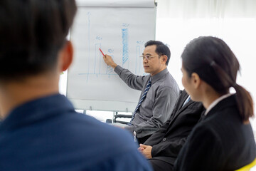 Asian businessman presenting data on flip chart during business meeting, illustrating analysis, strategy, and corporate planning. Great for concepts like leadership, teamwork and performance review.