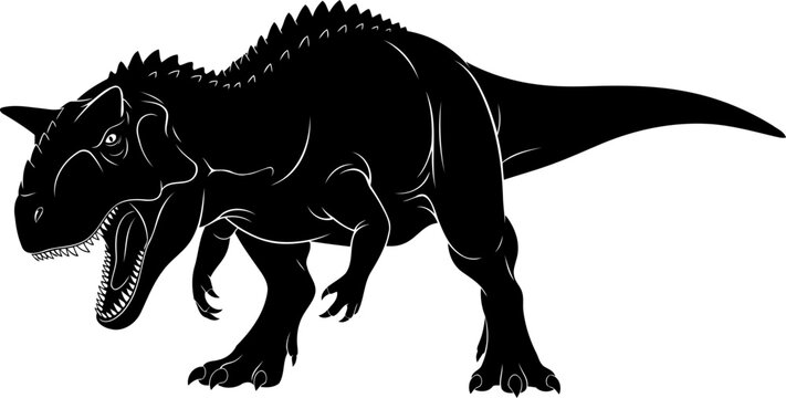 Aggressive carnotaurus dinosaur silhouette standing with open mouth, detailed vector illustration.