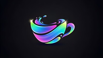 Vibrant 3D iridescent coffee cup logo with fluid shapes and holographic colors