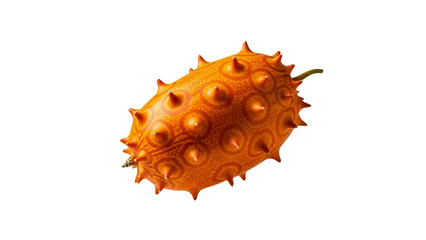 Obraz premium A visually striking kiwano melon, often called a horned melon, presents its distinctive spiky orange skin with vibrant texture, floating elegantly