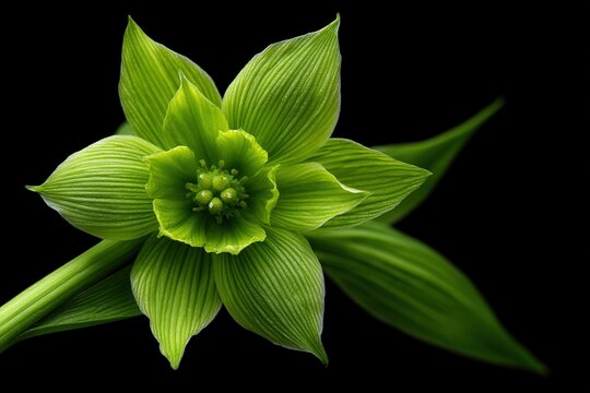 Green false hellebore flower with star-shaped petals isolated on black background