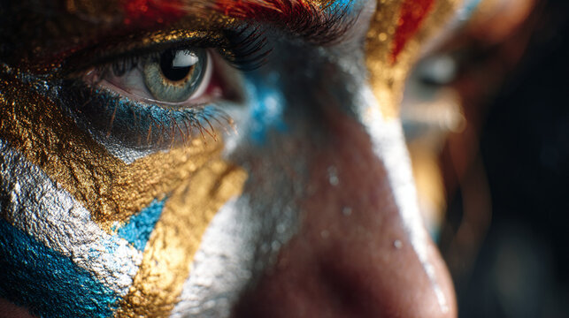 Editorial close-up portrait of model w/ creative body paint & metallic accents, soft backlight glow, fashion-forward styling, cinematic macro detail, artistic expression