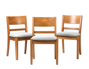 Three natural wood chairs with light grey cushioned seats arranged closely
