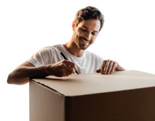 Smiling young adult man wearing a simple white t shirt carefully writing or labeling a large brown cardboard, isolated on transparent background