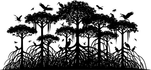 Fototapeta premium Mangrove forest ecosystem, dense trees with birds and insects, black vector silhouette.
