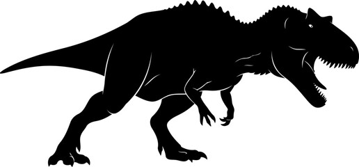 Massive giganotosaurus theropod dinosaur, running with open mouth and powerful legs, detailed vector silhouette.