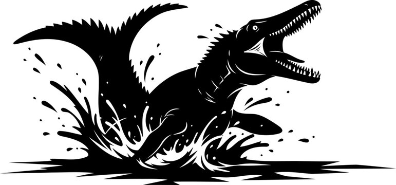Leaping mosasaurus marine reptile silhouette, detailed vector illustration of an aggressive sea predator.