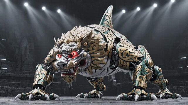 An armored tigerlike beast strides across a dim stage  red eyes blazing, ornate plates gleaming now