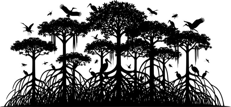 Mangrove forest ecosystem, dense trees with birds and insects, black vector silhouette.