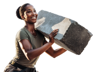 Strong determined African American woman athlete lifting a heavy rough concrete block over her shoulder with a, isolated on transparent background