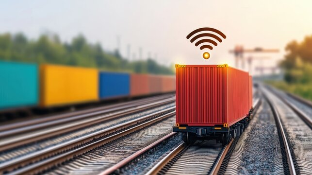  freight train moves along railway tracks, featuring a shipping container with a wireless signal icon above it, symbolizing connectivity in transportation.