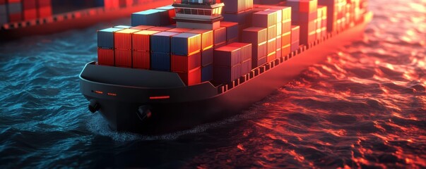  vibrant cargo ship navigates through dark waters, loaded with colorful containers, illuminated by soft lighting.
