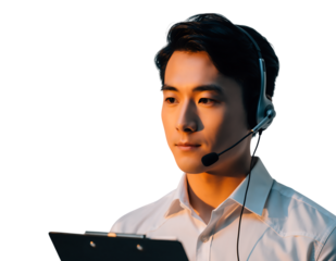 Portrait of a focused young Asian male customer service representative wearing a professional light colored, isolated on transparent background