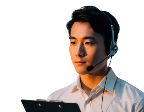 Portrait of a focused young Asian male customer service representative wearing a professional light colored, isolated on transparent background - Powered by Adobe