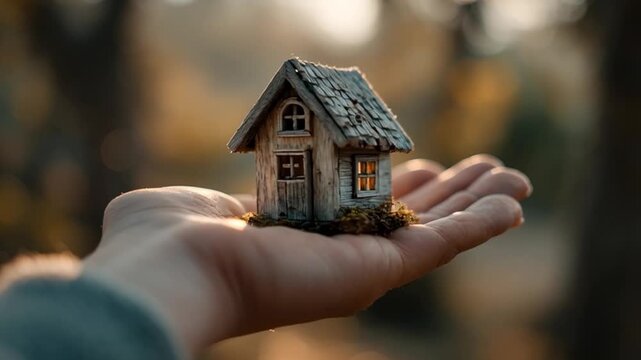 Tiny House Model in Hand Focused on Nature and Softly Lit Background