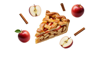 Delectable apple pie slice, crisp red whole and halved apples, and fragrant cinnamon sticks creating an inviting, wholesome, and fresh dessert