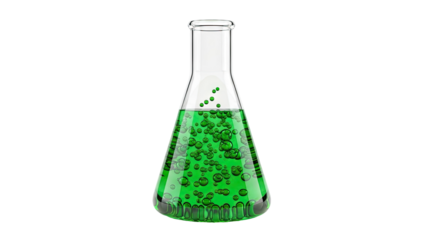 Glass flask with green liquid and bubbles