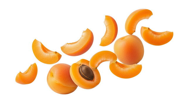Vibrant orange apricots scattered on a pure white background showcasing fresh whole fruits and juicy slices a delightful burst of natural sweetness