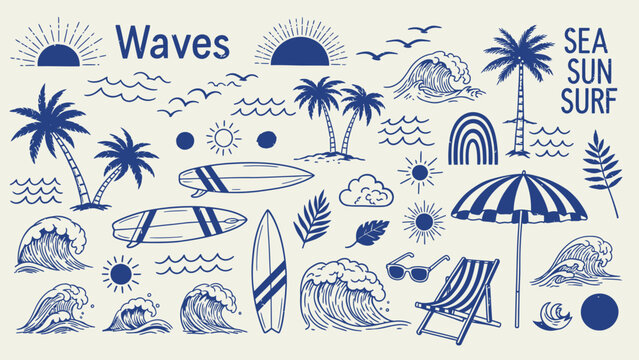 Coastal themed hand drawn illustrations with waves palm trees and beach elements