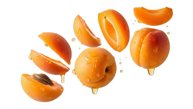 Dynamic composition of vibrant, fresh apricots, whole and sliced, adorned with glistening droplets, symbolizing ripe succulence and natural vitality