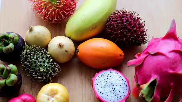 Colorful Tropical Fruits on Wood