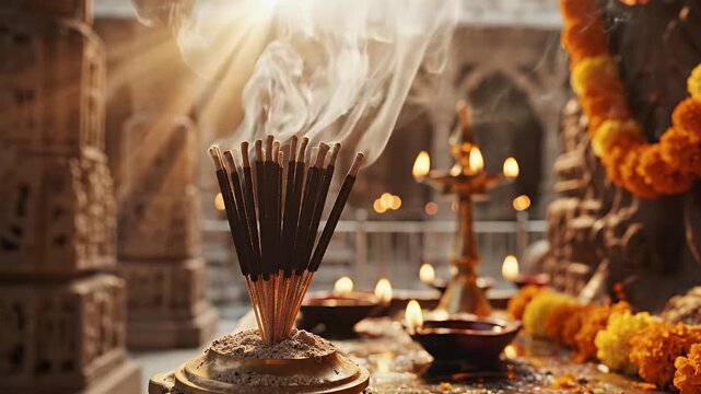 Ram Navami Temple Incense Burning Aromatic Smoke Sunlight Beam Interior