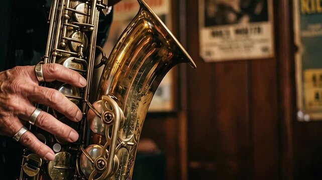 Hands Playing Saxophone on Brass Keys with Reflection in Jazz Music Heritage Concept