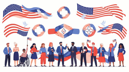 Naklejka premium Illustration of diverse people celebrating Presidents' Day with American flags and patriotic symbols on a white background, conveying a sense of unity and festivity.