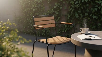 Fototapeta premium A chair and table with a steaming cup of coffee and a notepad on a patio