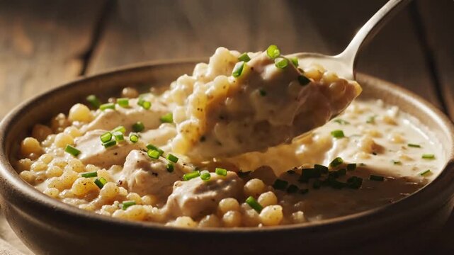 Creamy chicken corn soup in a rustic bowl, pebbled with chives and tender meat chunks. With morsels!
