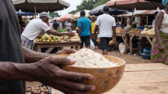 Person Holding Large Calabash Bowl Filled with Fresh Cassava Flour at a Market Setting