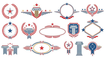 Collection of patriotic vector illustrations and icons for Presidents' Day, featuring stars, ribbons, and badges in red, white, and blue colors on a clean white background. © Fasuga