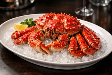 Vibrant red king crab is presented on a bed of crushed ice with lemon and parsley in a dimly lit restaurant, conveying indulgent gourmet dining and premium seafood quality.