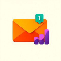 Fototapeta premium Abstract illustration of an orange envelope with a green notification badge displaying the number one and a simple bar chart representing growth or statistics
