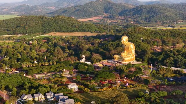 Aerial View of Giant Golden Luang Por Koon Statue in Nakhon Ratchasima