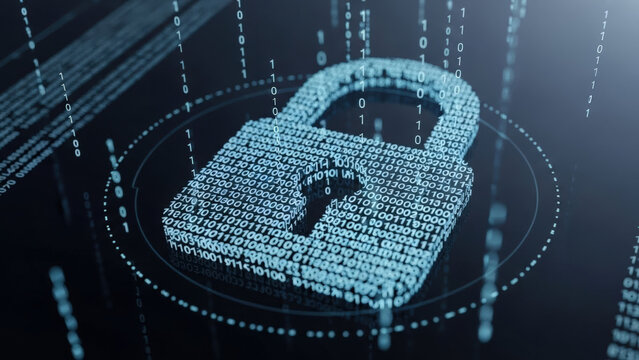 Digital padlock formed from binary code, symbolizing cybersecurity and data protection - Powered by Adobe