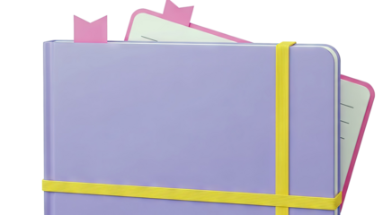Purple notebook with yellow elastic band and pink bookmarks