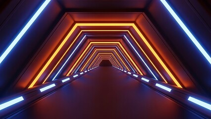 Futuristic tunnel with blue and orange neon lights