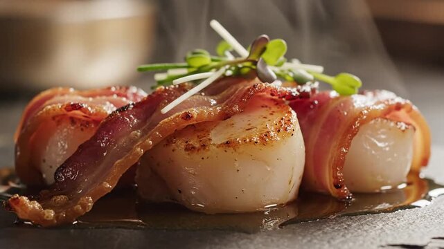 Golden-browned bacon-wrapped scallops sear to caramelized crust, topped with microgreens and zest now