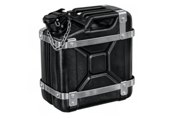 Black military style jerrycan providing fuel storage and transport, featuring metal straps and a secure cap