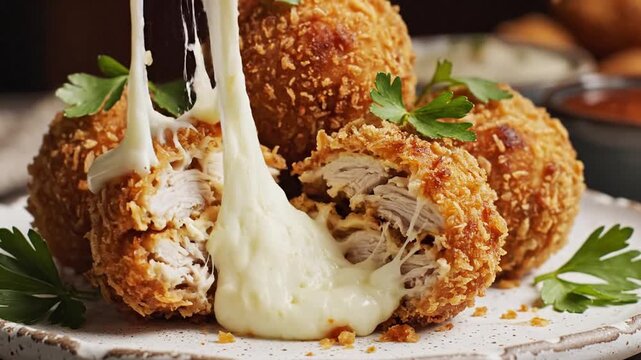 Golden fried croquettes ooze creamy cheese; crisp breadcrumb shell, parsley sprigs nearby on plate!!