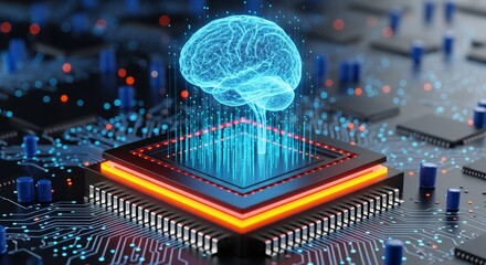 Holographic brain concept emerging from a glowing microchip representing Artificial Intelligence