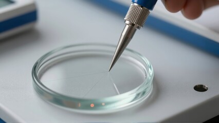 Naklejka premium Hand holding fine tipped instrument over a petri dish in a laboratory setting