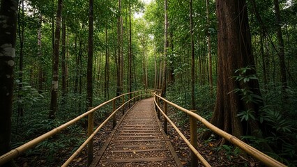 Fototapeta premium A wooden boardwalk with bamboo railings snakes through a dense green forest filled with tall trees