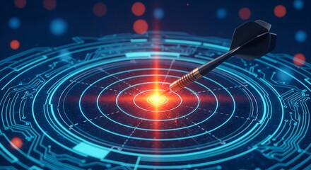 Dart hitting the glowing digital bullseye of a futuristic target interface