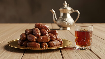 Pile of dried dates and hot tea ready for breaking fast during Ramadan